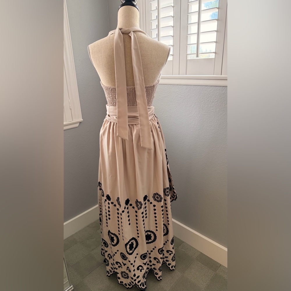 Elegant Beige Embroidered Wrap Long Dress - Picture 2 of 7